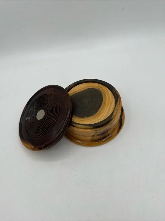 Vintage Handcrafted Wooden Coaster Set with Storage Lid