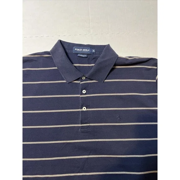 Vintage Ralph Lauren Polo Golf Shirt 100% Pima Cotton Men's XL Navy Blue Striped