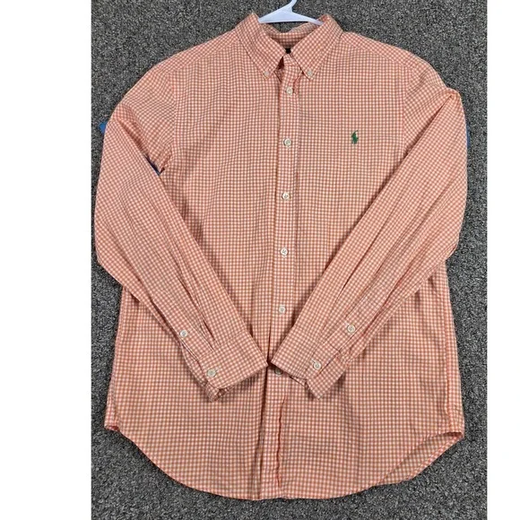 Polo Ralph Lauren Button Down Shirt Mens L Orange Gingham Cotton Pony 0414‎
