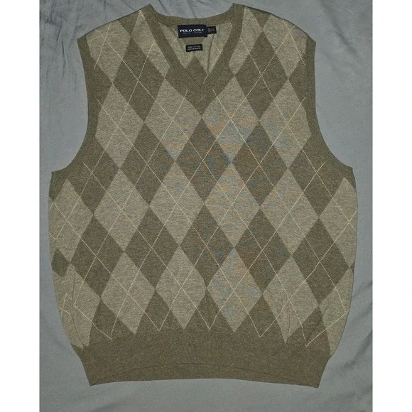 Polo‎ Ralph Lauren Vest Mens XL Brown Tan Cotton Cashmere Argyle Diamond Golf