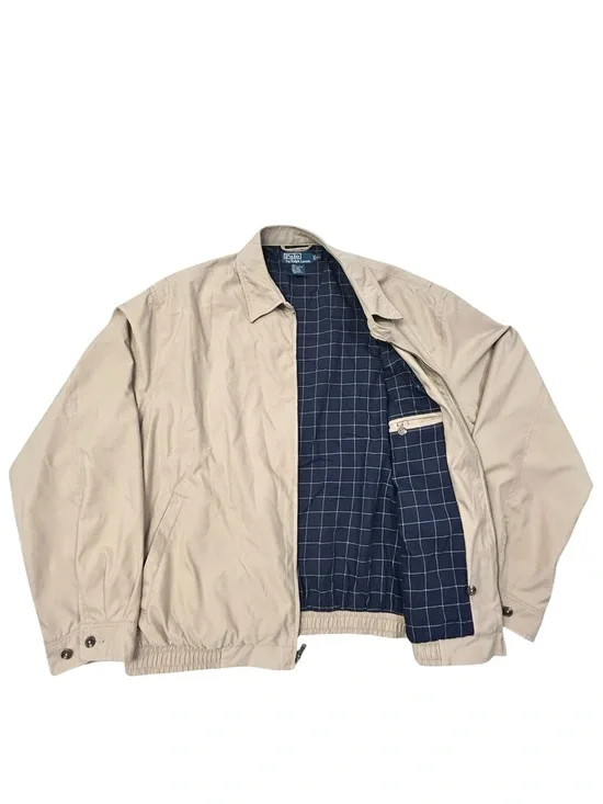 Polo‎ Ralph Lauren Vintage Men’s Tan Bi-Swing Bomber Jacket XL Plaid Liner Blue
