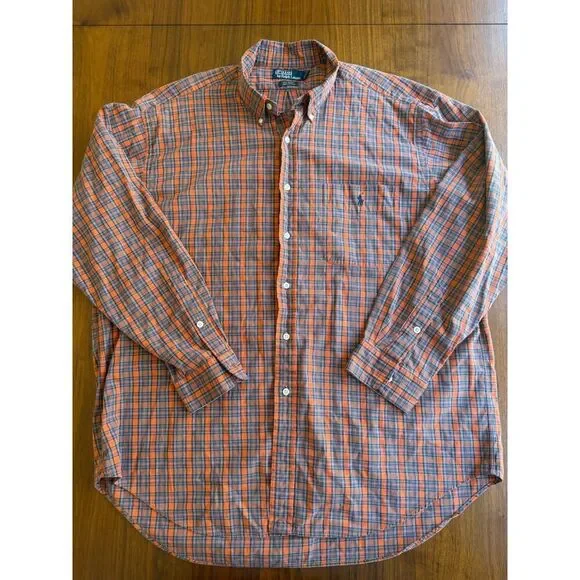 Vintage Polo Ralph Lauren Men's Big Shirt Orange/Blue Plaid Button Down - Size L