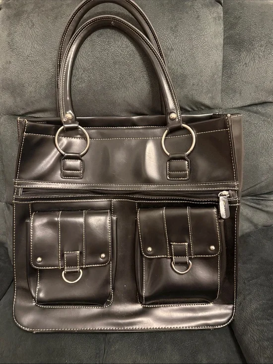 Men's Brown Faux Leather Tote Bag with Front Pockets