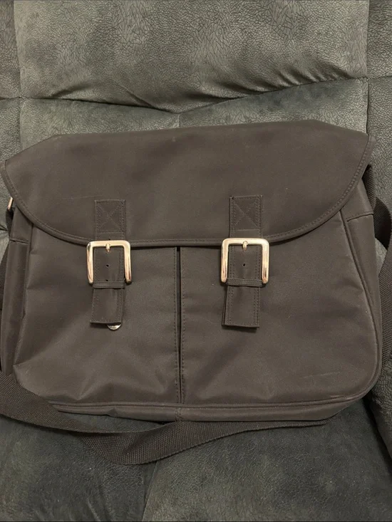 Men's Black Canvas Messenger Bag with Buckle Closure