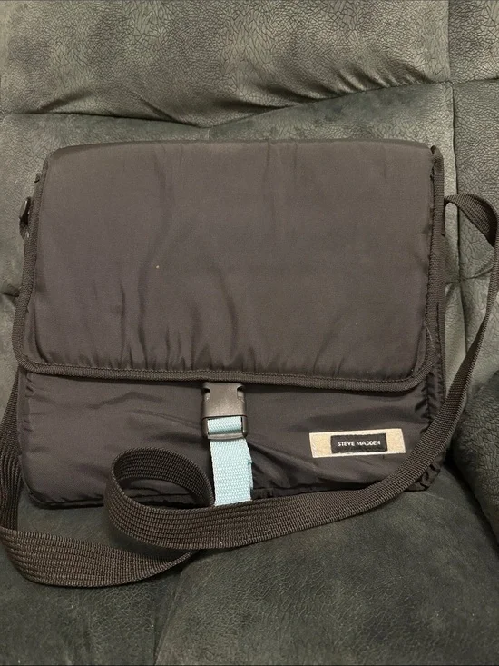 Steve Madden Black Messenger Bag with Light Blue Strap Accent