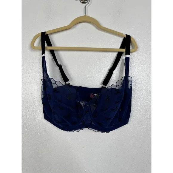 Adore Me Navy Blue Mesh Bat Embroidery Unlined Underwire Bra 40G Gothic Spooky