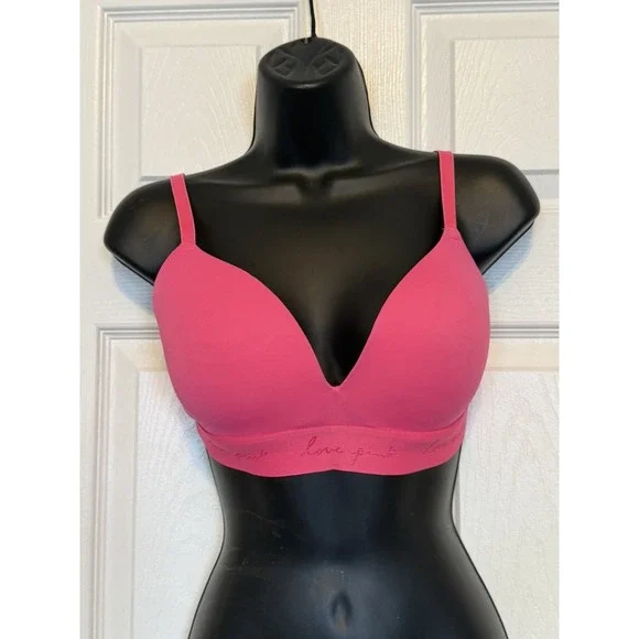 Victoria's Secret PINK Wear Everywhere Wireless Push-Up Bra Pink LOGO 32DD Lined