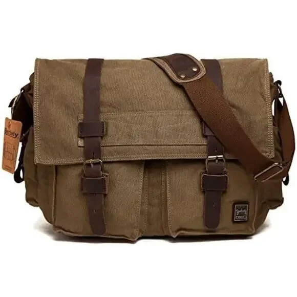 Vintage Berchirly Men's Brown Military Canvas Shoulder Straps Messenger Bag