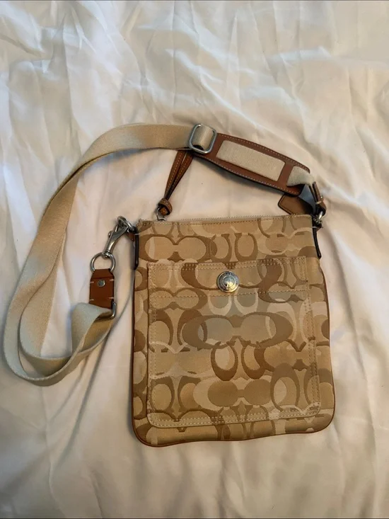 Coach Tan/Beige Signature Messenger Bag with Adjustable Canvas Strap