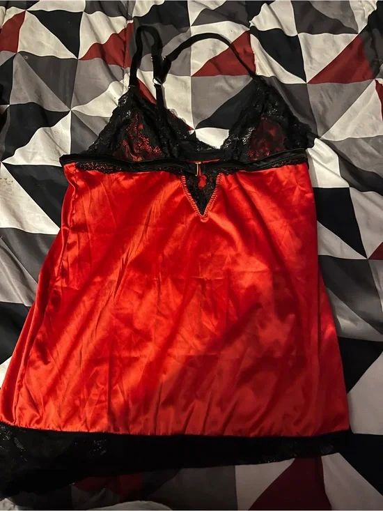 Victoria's Secret Red Satin Chemise with Black Lace Trim