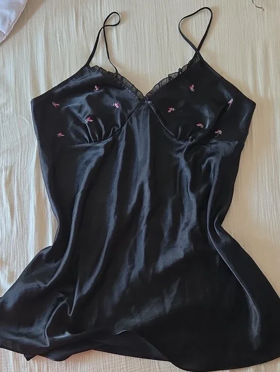 Black Satin Slip with Pink Floral Embroidery