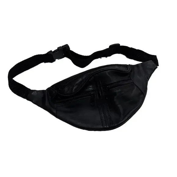 Vintage Leather Black Fanny Pack Waist Belt Bag Unisex Zipper 80s 90s
