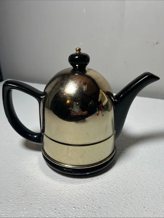 Vintage Black Teapot with Brass Cozy in Original Box