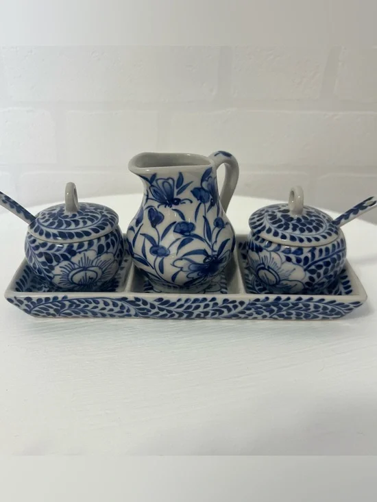 Vintage Blue White Talavera Style Floral Sugar Cream Condiment Set Tray & Spoons
