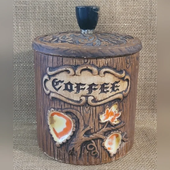 Vintage Treasure Craft Coffee Canister Faux Bois Wood Look Ceramic Tree & Leaves