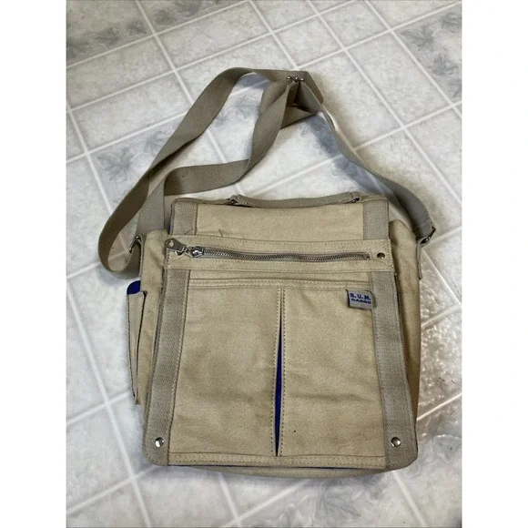 Vintage Y2k Tan Canvas Messenger Bag Cargo Utility Hobo Shoulder Purse BUM Cargo