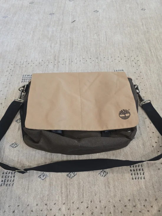 Timberland Brown Canvas and Tan Leather Messenger Bag