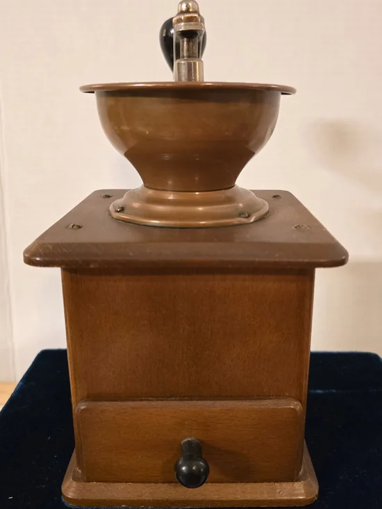 Mid-Century German Wood & Copper Coffee Bean Grinder Decor