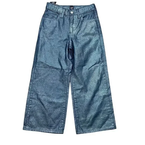NWT GAP Kids Girls Wide-Leg‎ Jeans Size 10 Blue Metallic Sheen Denim High Rise