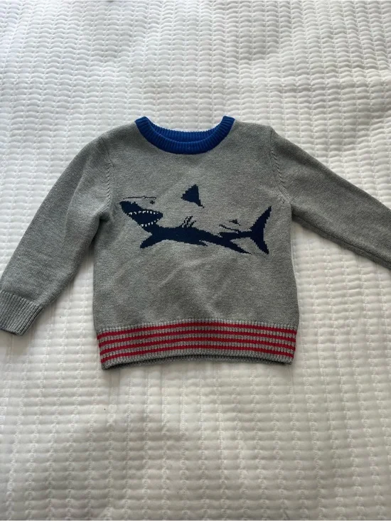 Gray 3T Kids Sweater with Navy Shark and Red Stripe Detail