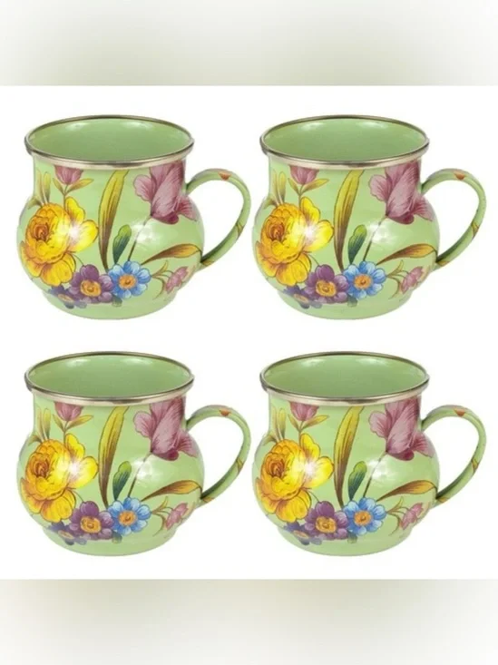 Mackenzie Childs Flower Market Sage Green Mugs Coffee Cups FULL SET OF 4