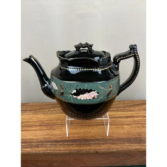 Jackfield Pottery Victorian Teapot Black Teal Floral Gilt Antique Staffordshire