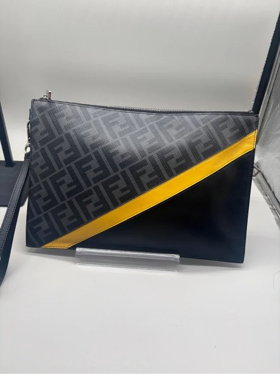 Fendi FF Logo Flat Zip Pouch Clutch Black Yellow Leather 7N0110 Italy