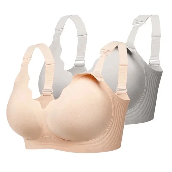 Momfree Nursing Bras  L Nude Grey 2-Pack Seamless Wireless Scalloped Maternity