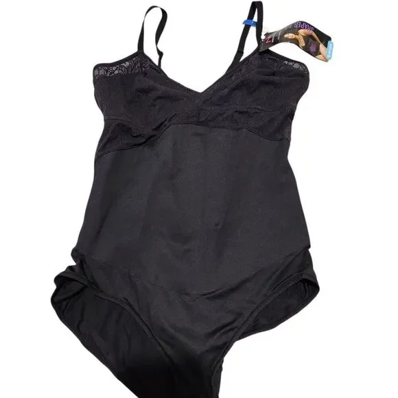 Maidenform Womens Shapewear Lace Bodysuit XL Black Frim Control Cool Comfort.