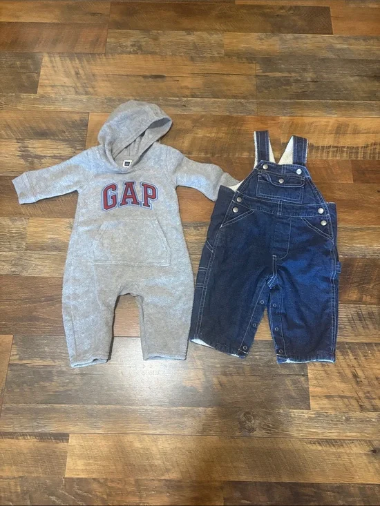 Baby GAP Gray Hooded Romper with Navy Denim Overalls