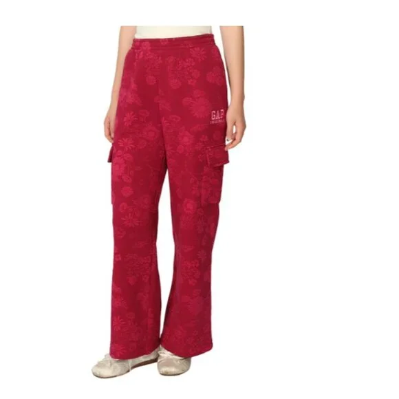 Gap Girls Sweatpants Red Floral Fleece Jogger Cargo Pockets Wide Leg L(14/16)