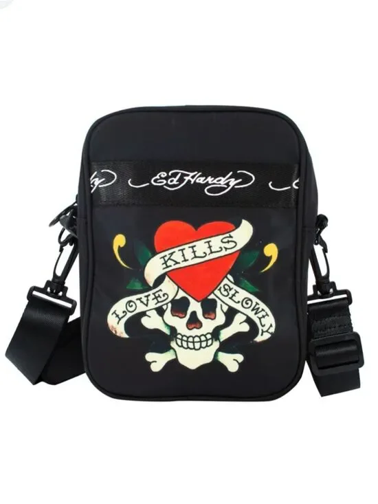 Ed Hardy Black Crossbody Messenger Bag with Red Heart Skull Graphic