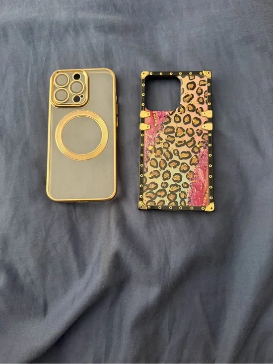 Gold-Trim Magnetic Phone Case with Leopard Print Accent - Pink/Gold