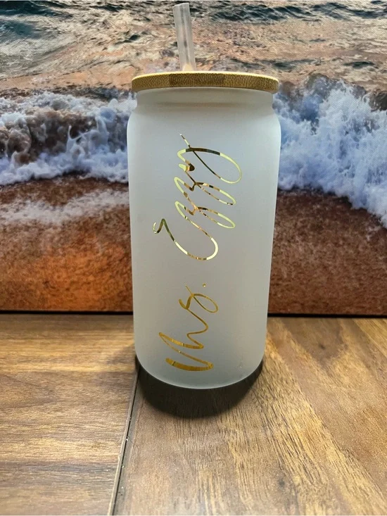 Personalized Frosted Glass Tumbler with Gold Script and Bamboo Lid