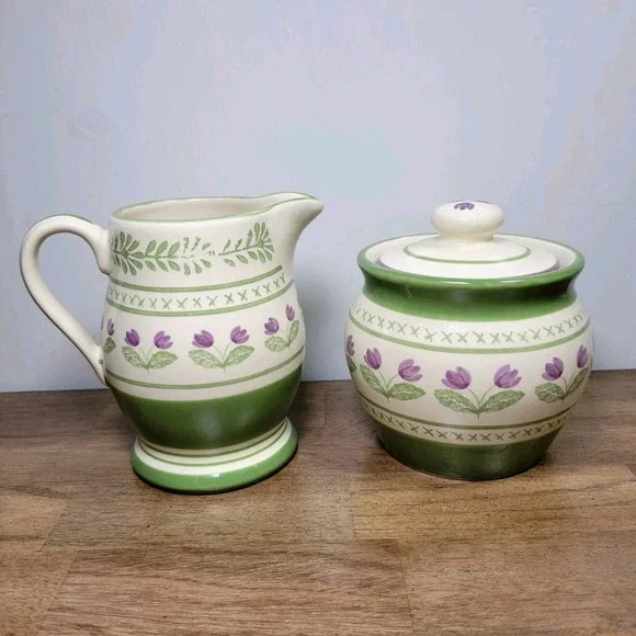 Pfaltzgraff Cottage Circle of Kindness Purple Tulip Sugar and Creamer Set