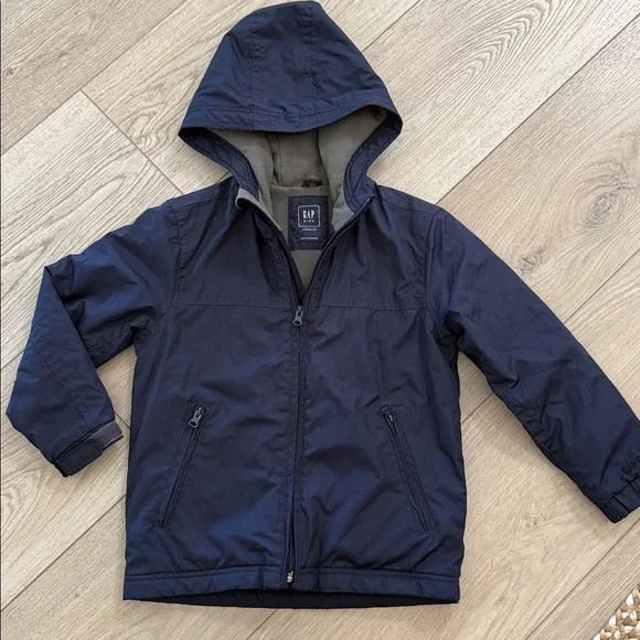 New Gap Kids Navy Blue Hooded Fleece Lined Windbreaker Coat Jacket S Regular
