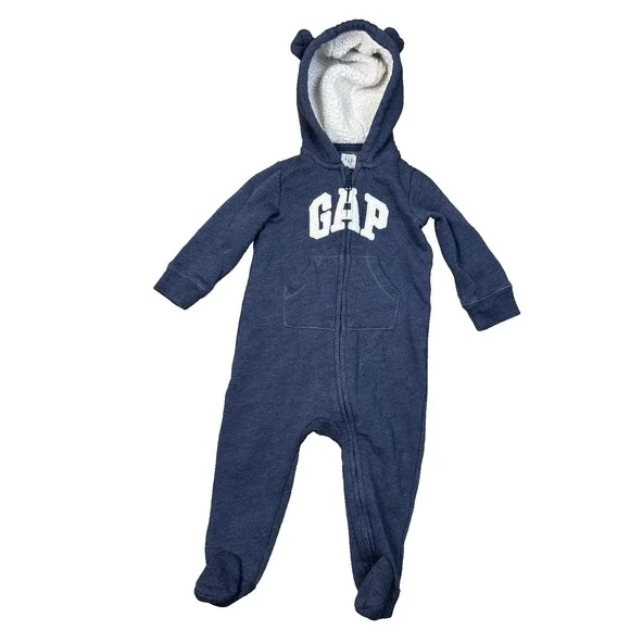 GAP Baby One‎ Piece Zip Bear Hoodie Logo Blue 2019 Long Sleeve Fleece 6-12 Month