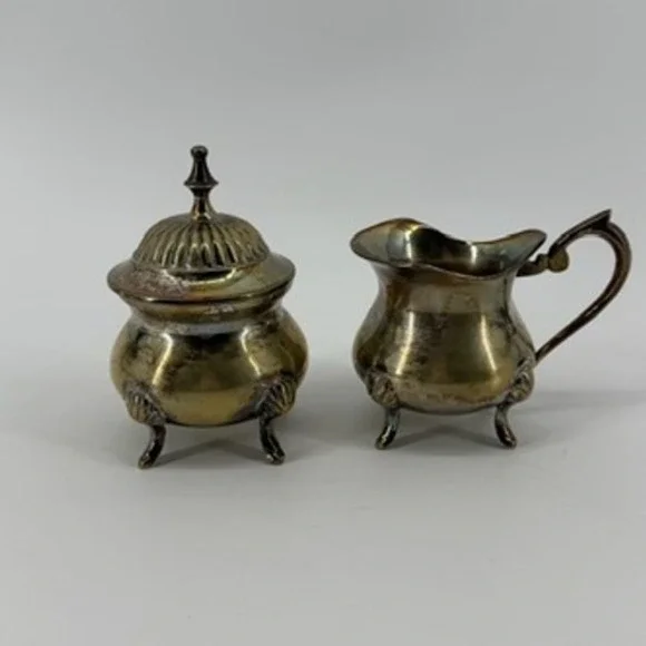 Vintage EPNS Silver Plated Footed Creamer and Lidded Sugar Bowl Set Tarnished