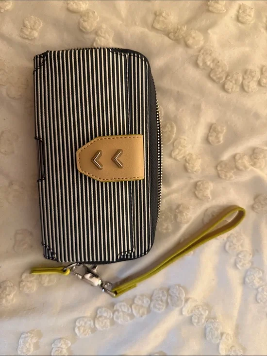 Striped Navy & White Wristlet Phone Case with Tan & Lime Accent
