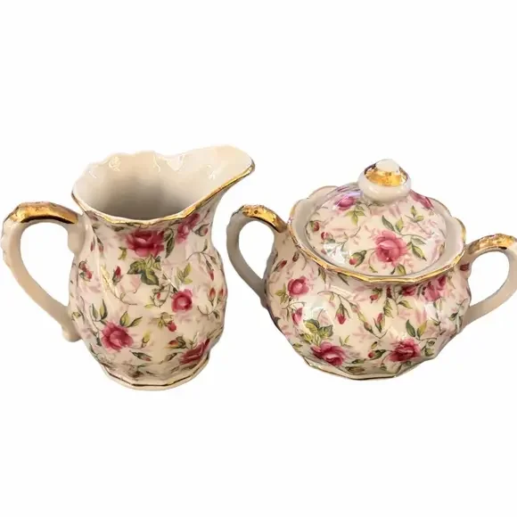 Lefton Rose chintz chia hand painted sugar and creamer with original sticker.