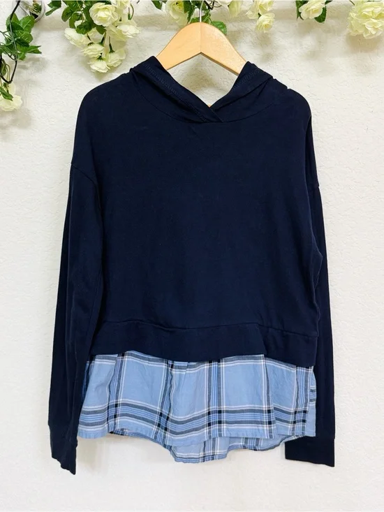 GAP • Navy Plaid Academia Mock Layered Two in One Pullover Hooded Sweater