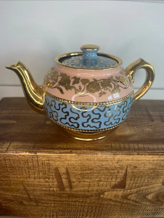 James Sadler Vintage Pink and Blue Ceramic Teapot with Gold Trim
