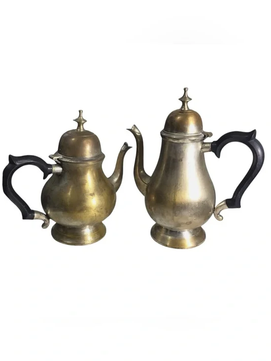 Vintage EPNS Coffee Tea Pot Pair Brass Tone 8.5” 10” Black Handles India