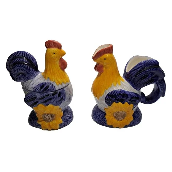 VTG 3 pc Avon Rooster Sunflower Coffee Creamer Sugar Set Ceramic 5.5