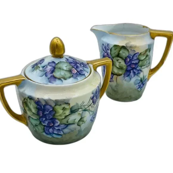 Antique Wellman Germany Porcelain Cream & Sugar Set Purple Floral Gold Gilt