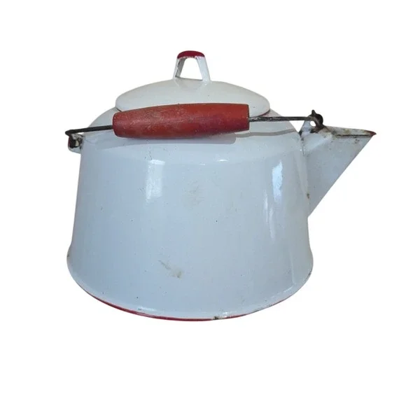 Vintage White Enamel Tea Kettle‎ Red Trim Wooden Handle Farmhouse Decor 8 inch