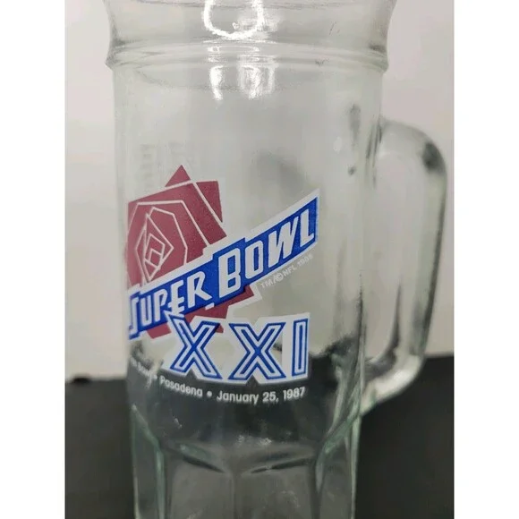1987 NFL Super Bowl XXI Tall Glass Mug Stein‎ Fisher Promo NY Giants Broncos