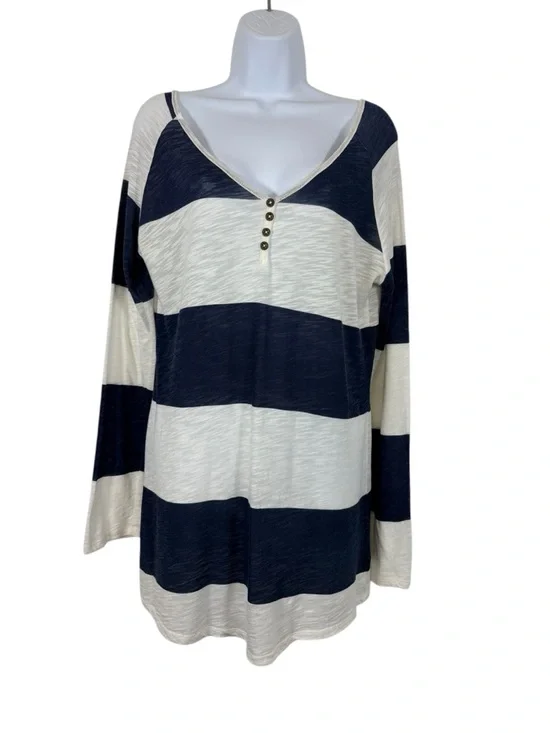 P.J. Salvage Navy Striped Long Sleeve Henley Sleep Top Dress L Relaxed Lounge