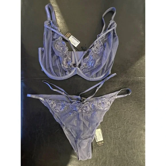 NWT Scantilly Curvy Kate Bound Blossom Steel Grey Bra 34H/Brazilian Brief L Set