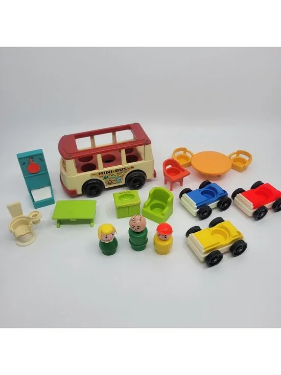 Vintage Fisher Price Play Family Lot of Vehicles, Furniture, & People - 16 Piece